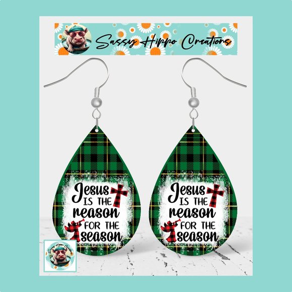 Earrings Jesus is the Reason for the Season Christmas Cross Green Sublimated - Picture 1 of 4